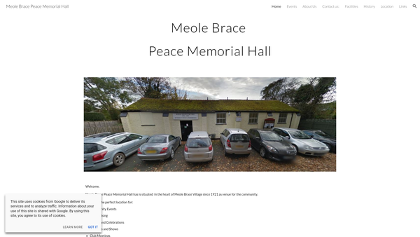 Screenshot of the The Meole Brace Peace Memorial Hall website