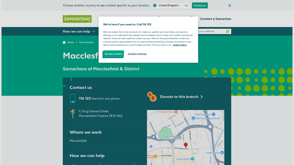 Screenshot of the Samaritans Of Macclesfield And District website