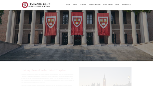 Screenshot of the Friends Of The Harvard Club Of The United Kingdom website