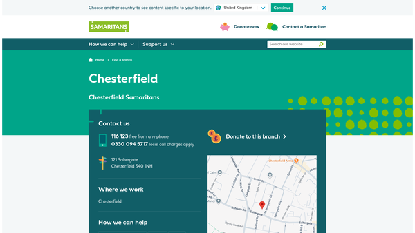 Screenshot of the Chesterfield Samaritans website