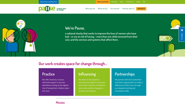 Screenshot of the Pause Creating Space For Change website