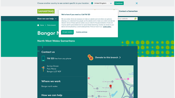 Screenshot of the North West Wales Samaritans website