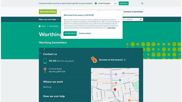 Screenshot of the Worthing Samaritans website