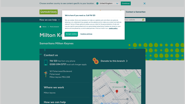 Screenshot of the Samaritans Milton Keynes website
