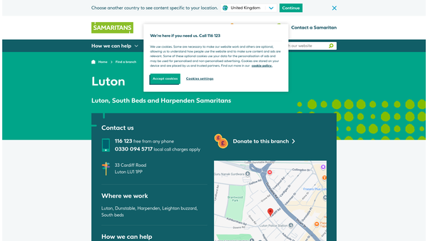 Screenshot of the Luton, South Beds And Harpenden Samaritans website