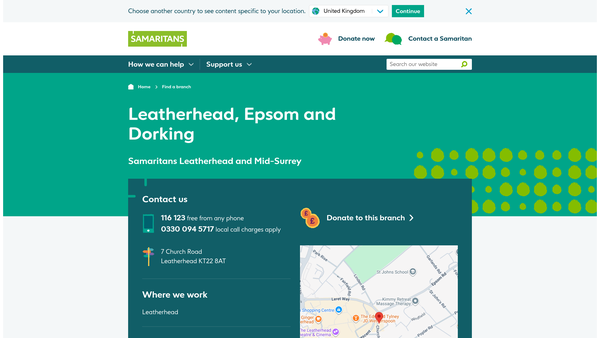Screenshot of the Samaritans of Leatherhead, Epsom and Dorking website