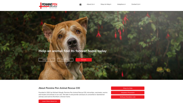 Screenshot of the Pennine Pen Animal Rescue CIO website