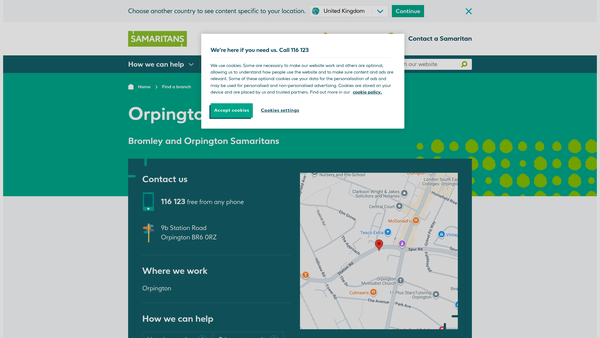 Screenshot of the Bromley And Orpington Samaritans website