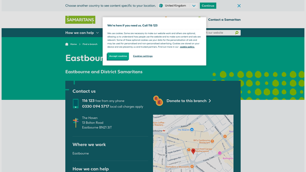 Screenshot of the Eastbourne And District Samaritans website