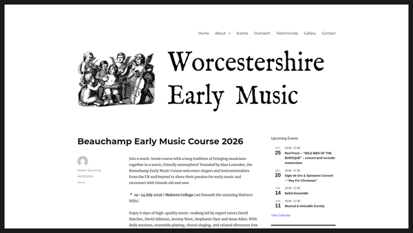 Screenshot of the Worcestershire Early Music website