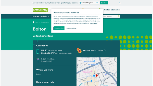 Screenshot of the Bolton Samaritans website