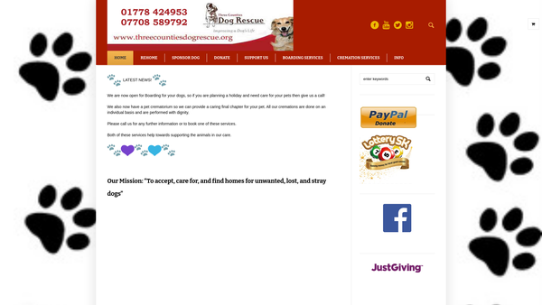 Screenshot of the Three Counties Dog Rescue website