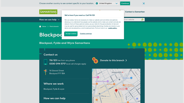 Screenshot of the Blackpool,fylde And Wyre Samaritans website