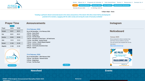 Screenshot of the Khoja Shia Ithna-Asheri Muslim Community Of Birmingham website