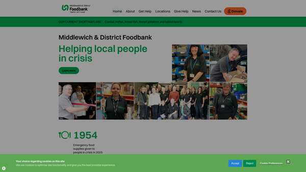 Screenshot of the Middlewich & District Foodbank website