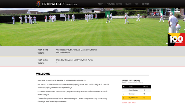Screenshot of the Bryn Welfare Bowls Club website