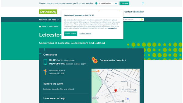 Screenshot of the Samaritans Of Leicester, Leicestershire And Rutland website