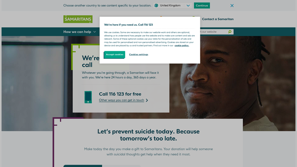 Screenshot of the Samaritans Of Blackburn With Darwen, Hyndburn And Ribble Valley website