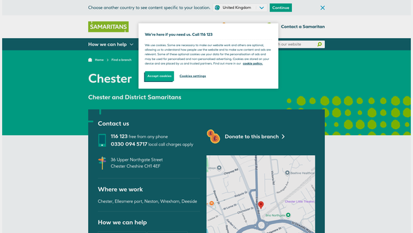 Screenshot of the Chester And District Samaritans website