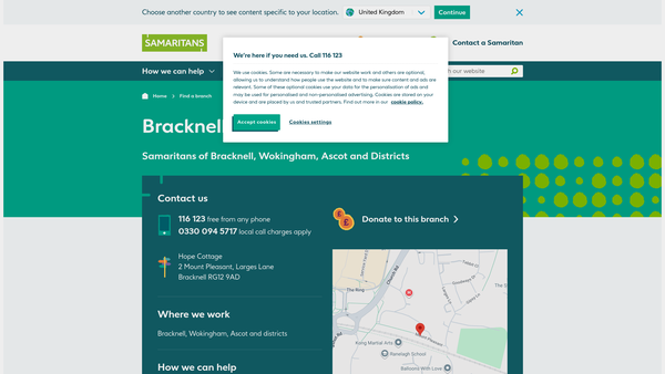 Screenshot of the Samaritans Of Bracknell, Wokingham, Ascot And Districts website