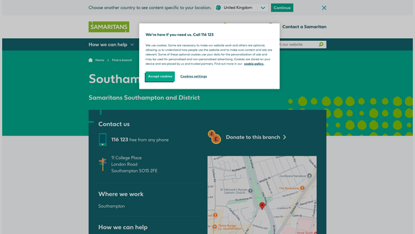 Screenshot of the Samaritans Southampton And District website