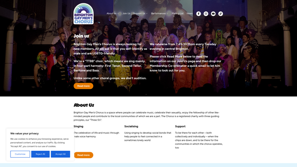 Screenshot of the Brighton Gay Men's Chorus website