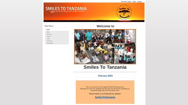 Screenshot of the Smiles To Tanzania Charity website