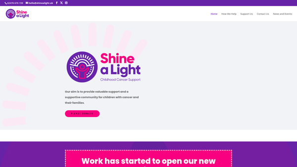 Screenshot of the Shine A Light Childhood Cancer Support website