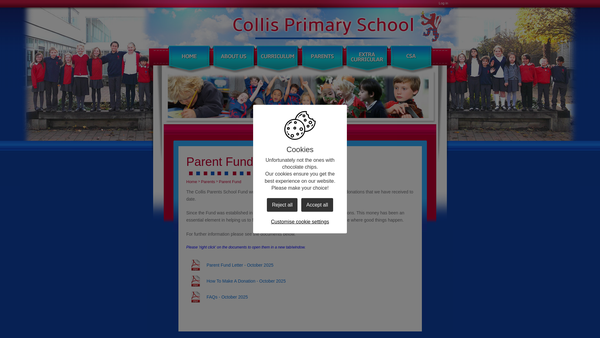 Screenshot of the Collis Parents School Fund website