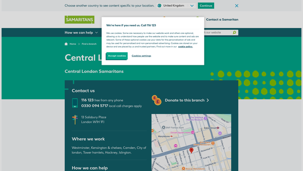 Screenshot of the Central London Samaritans website