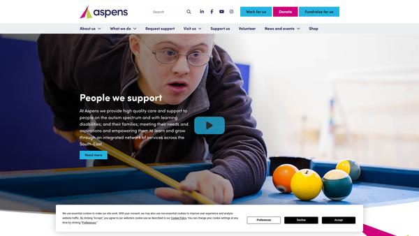 Screenshot of the Aspens Charities website