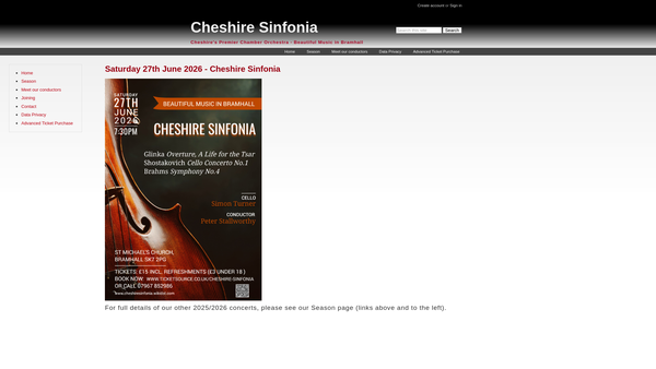 Screenshot of the Cheshire Sinfonia website