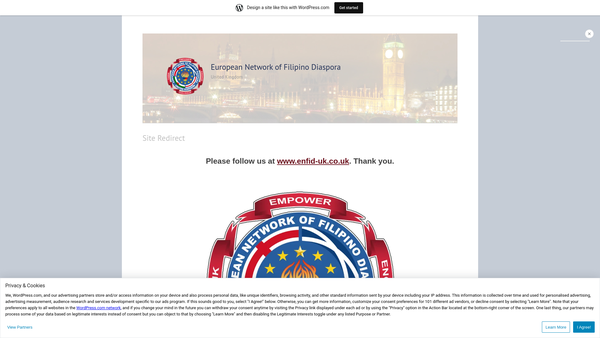 Screenshot of the European Network Of Filipino Diaspora (Enfid UK) website