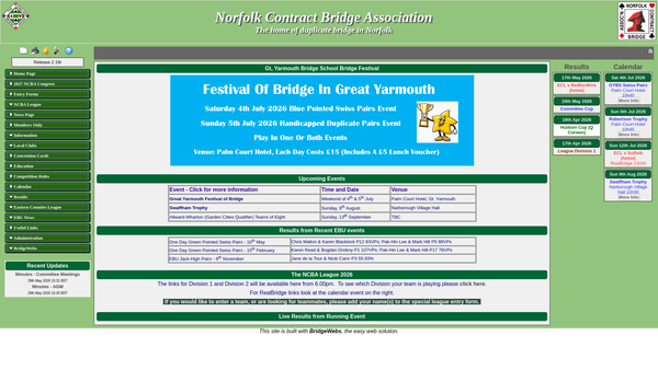 Screenshot of the Norfolk Contract Bridge Association website