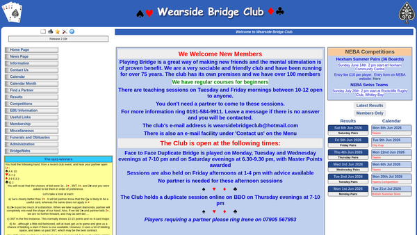 Screenshot of the Wearside Bridge Club website