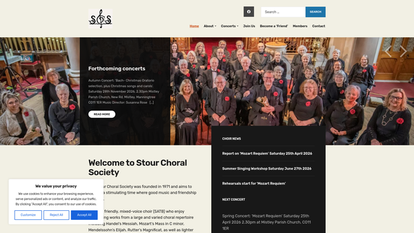 Screenshot of the Stour Choral Society website