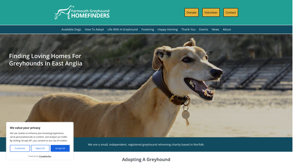 Screenshot of the Yarmouth Greyhound Homefinders website