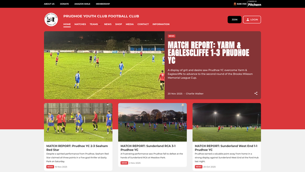 Screenshot of the Prudhoe Youth Club Football Club website
