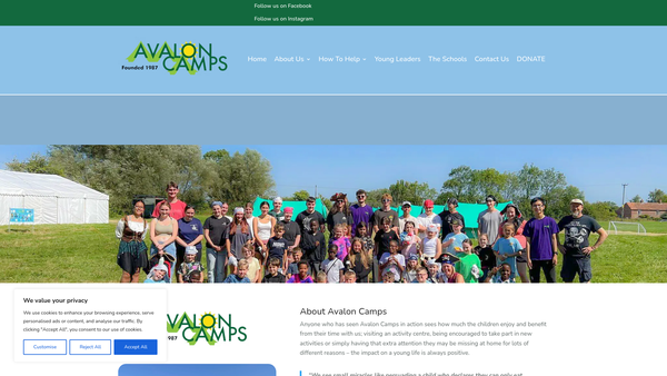 Screenshot of the Avalon Camps 2017 website