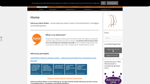 Screenshot of the Advocacy West Wales - Eiriolaeth Gorllewin Cymru website