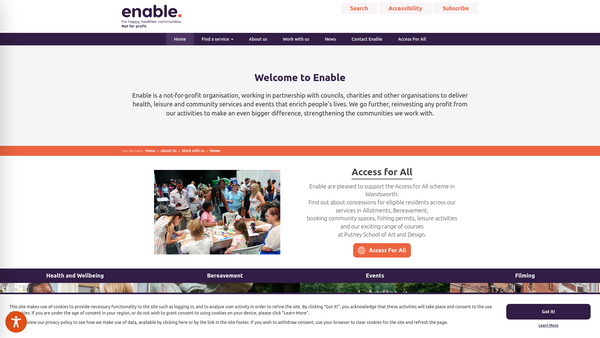 Screenshot of the Enable Leisure And Culture website