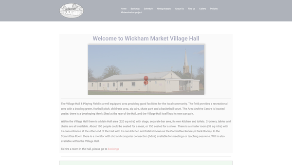 Screenshot of the Wickham Market Village Hall website