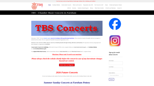 Screenshot of the Tilford Bach Society (CIO) website