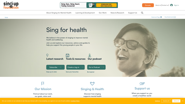 Screenshot of the Sing Up Foundation website