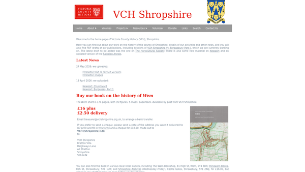 Screenshot of the Victoria County History (Shropshire) Limited website