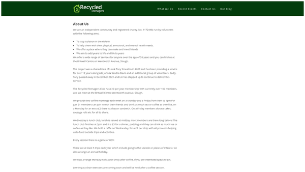 Screenshot of the Recycled Teenager's Club website
