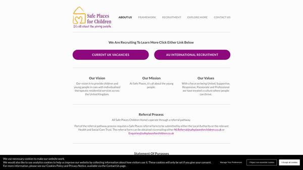 Screenshot of the Safe Places For Children UK website
