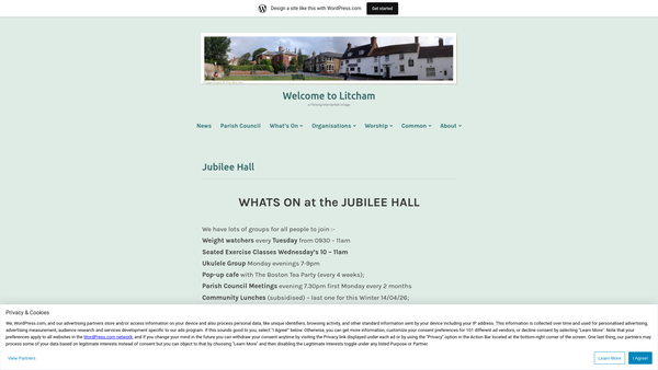 Screenshot of the Litcham Jubilee Hall CIO website