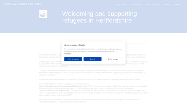 Screenshot of the Herts Welcomes Refugees website