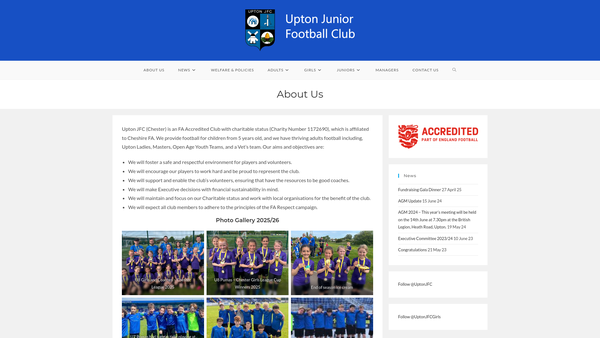 Screenshot of the Upton Junior Football website